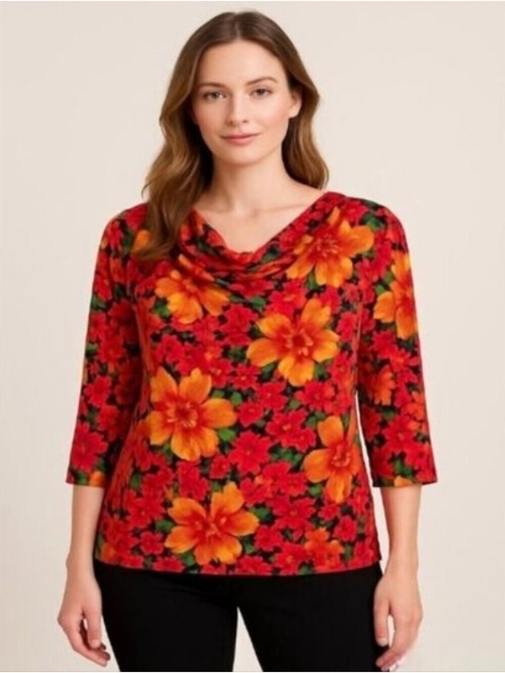 Jones New York Vibrant Floral Cowl Drape Neck Pullover Top Orange Red Pink Sz XL